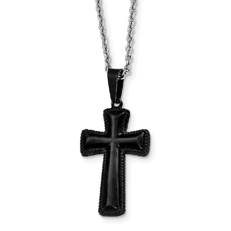 Silver Beaded Necklace for Fashion-Medium Black Plated Pillow Cross Necklace in Stainless Steel, 18 Inch