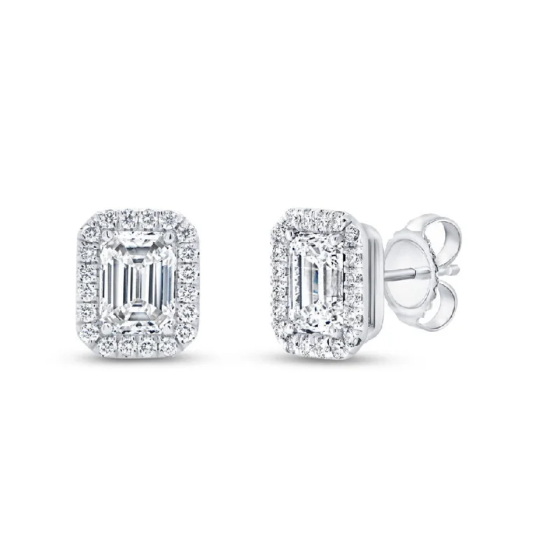 Luxury Gold Earrings for Anniversary-Uneek Signature Collection Halo Emerald Cut Diamond Drop Earrings