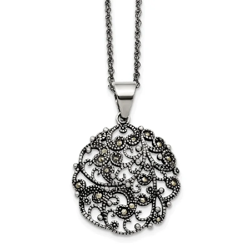 Unique Statement Necklace for Bold Fashion-Marcasite Scroll Circle Necklace in Antiqued Stainless Steel, 20 Inch