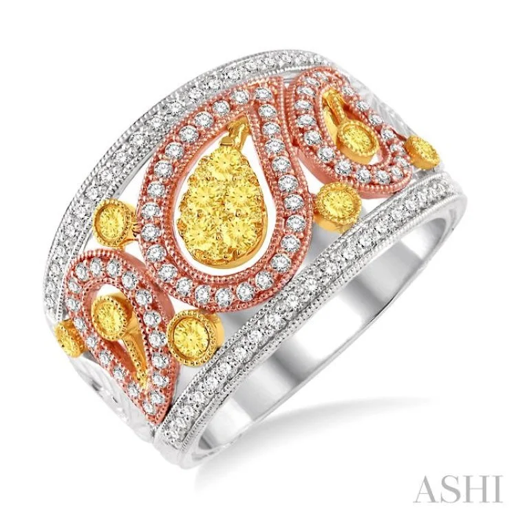 Personalized Birthstone Ring for Mom-7/8 Ctw Round Cut Yellow and White Diamond Fashion Ring in 14K Tri Color Gold