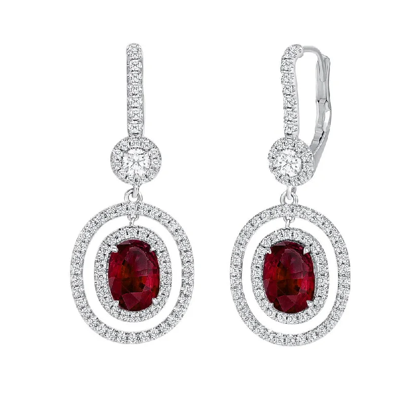 Dazzling Earrings for Night Parties-Uneek Precious Collection Halo Oval Shaped Ruby Dangle Earrings