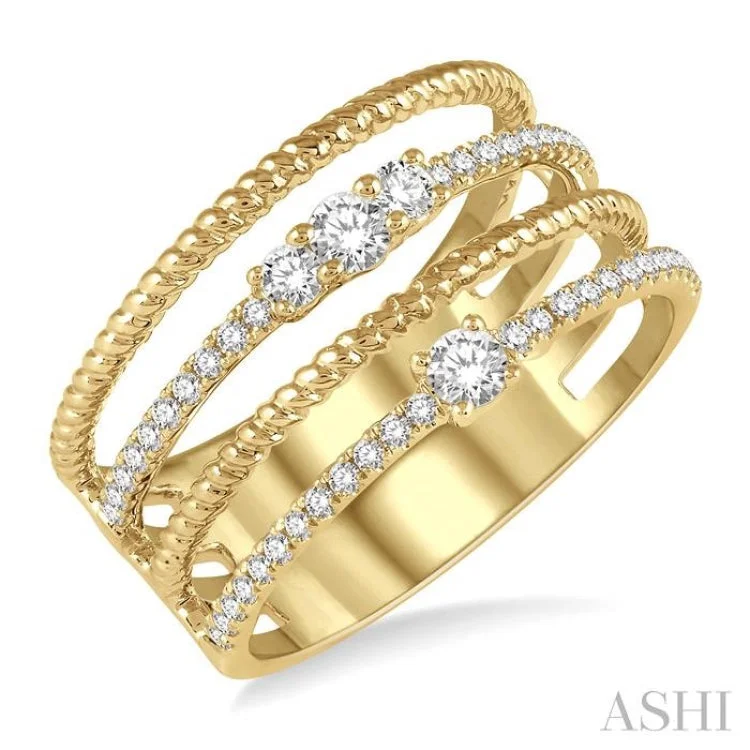 Custom Diamond Ring for Engagement-3/8 ctw Rope and Round Diamond Multi Row Layered Fashion Ring in 14K Yellow Gold