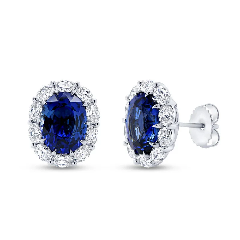 Geometric Earrings for Women-Uneek Precious Collection Halo Oval Shaped Blue Sapphire Stud Earrings