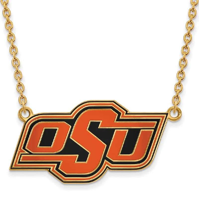 Trendy Choker Necklace for Fashion-14k Gold Plated Silver Oklahoma State Lg OSU Enamel Necklace