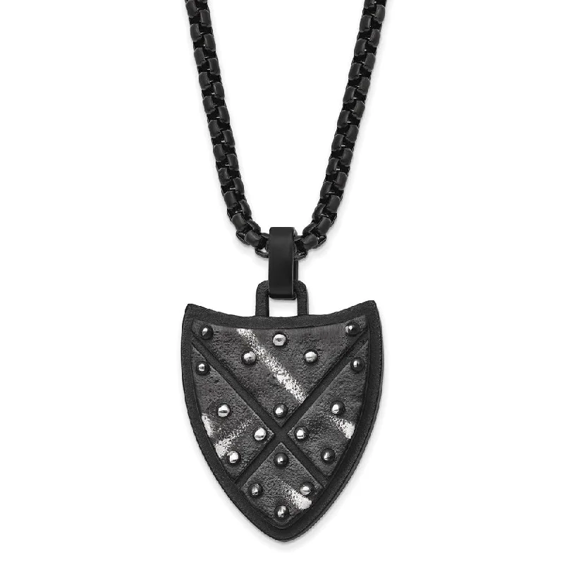 Luxury Diamond Necklace for Brides-Black Plated Stainless Steel Antiqued & Brushed Shield Necklace, 24 In