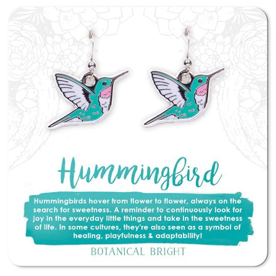 Long Silver Earrings-Botanical Bright Dangle Earrings - Hummingbird