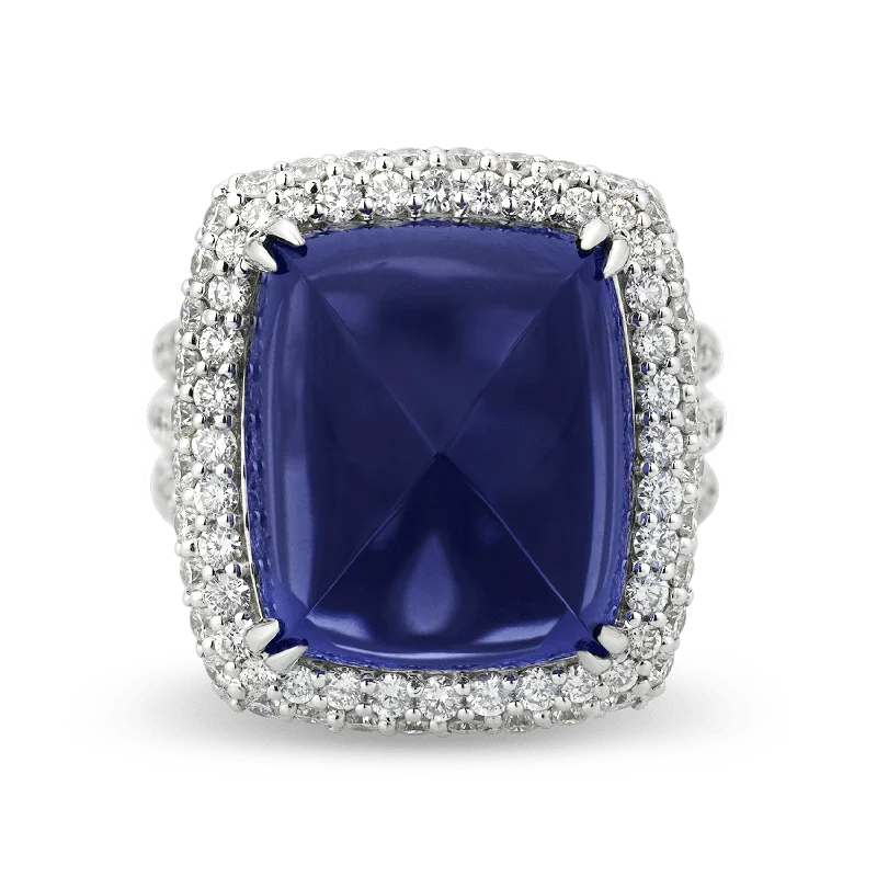 Sterling Silver Ring for Special Occasions-Sugarloaf-cut Tanzanite Ring, 22.10 Carats