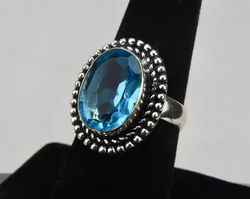 Chunky Statement Ring for Women-Silver Tone Metal Blue Topaz Ring - Size 7.5