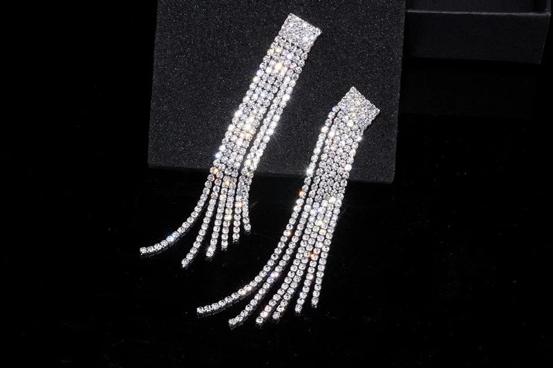 Gold Earrings for Evening Events-Rhinestone Earrings Long Tassel JS-023