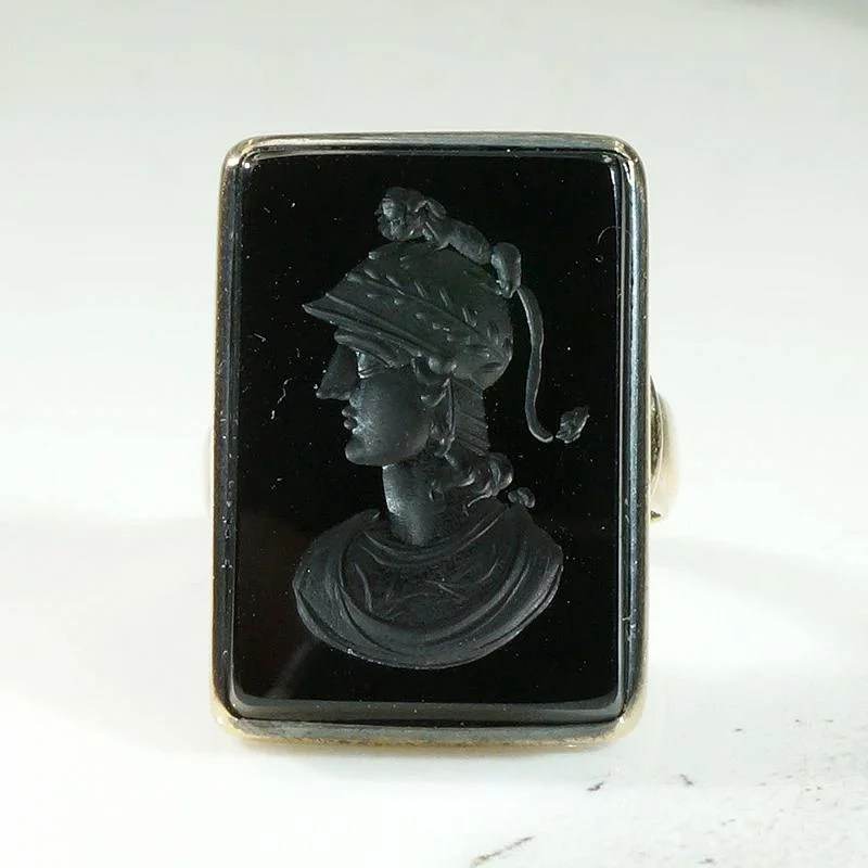 Antique Style Diamond Ring for Women-Soldier with Dacian Draco Standard Onyx Intaglio Ring