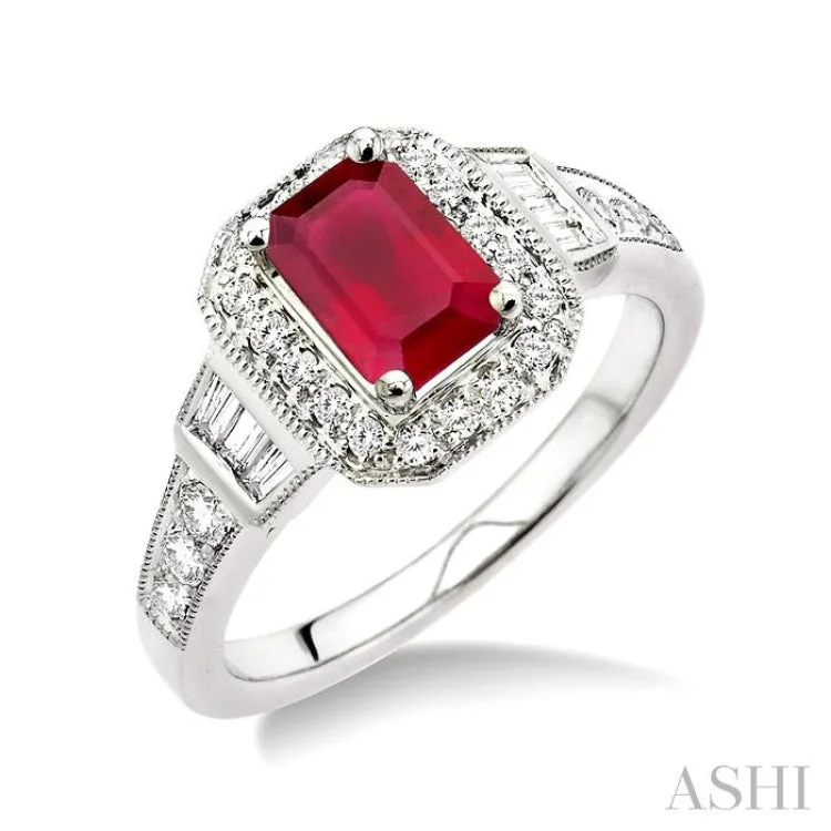 Custom Birthstone Ring for Women-6x4 MM Octagon Cut Ruby and 1/4 Ctw Round and Baguette Cut Diamond Ring in 14K White Gold