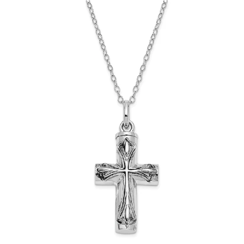 Artistic Gemstone Necklace-Rhodium Plated Sterling Silver Antiqued Cross Ash Holder Necklace