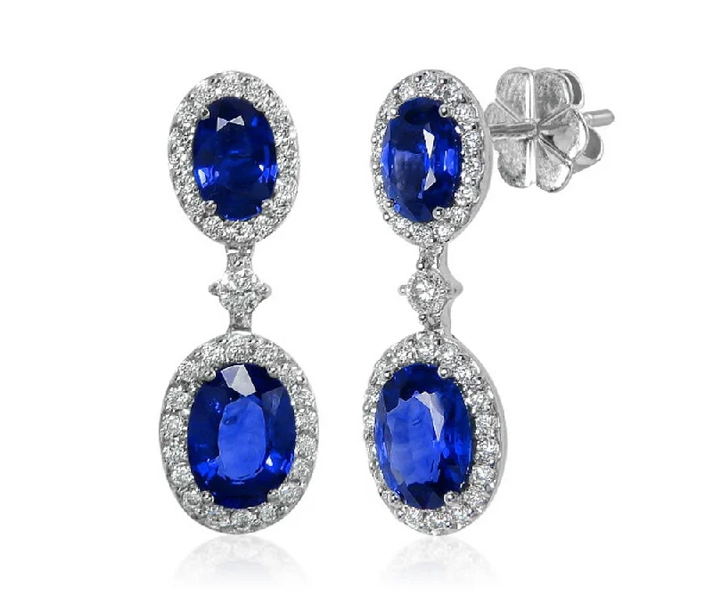 Elegant Stud Earrings for Casual Wear-Uneek Royalty-Inspired Blue Sapphire Double Oval Dangle Earrings with Pave Diamond Halos