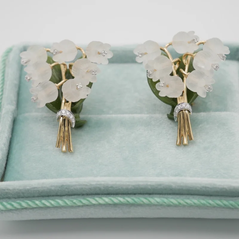 Classic Gold Earrings for Women-Rock Crystal, Diamond, Nephrite and 18K Lily of the Valley Earrings, Antique Inspired