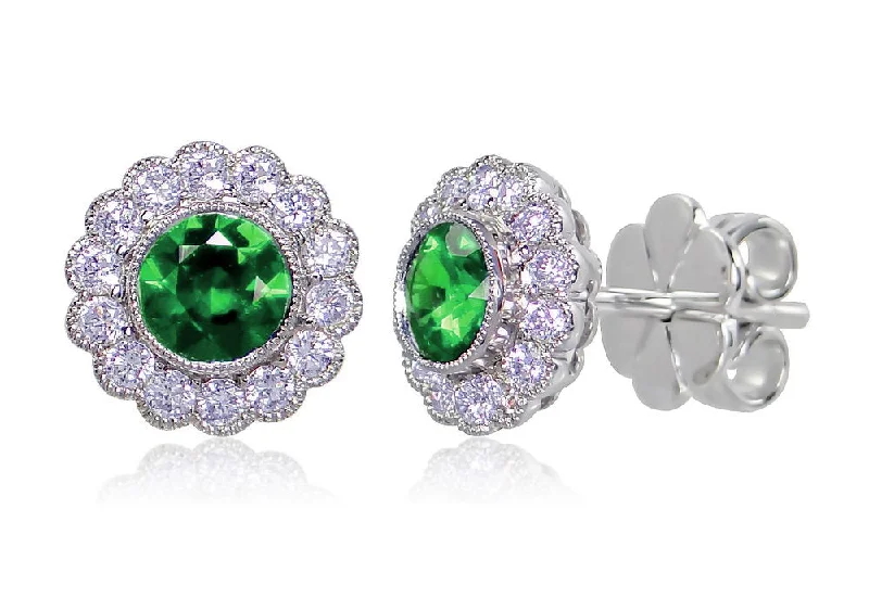 Bohemian Earrings for Fashion Lovers-Uneek Bezel-Set Round Emerald Stud Earrings with Scalloped Diamond Halos and Vintage-Style Milgrain