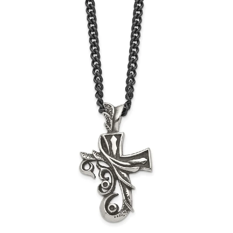 Artistic Gemstone Necklace-Men's Stainless Steel Antiqued Fancy Scroll Cross Necklace, 20 Inch