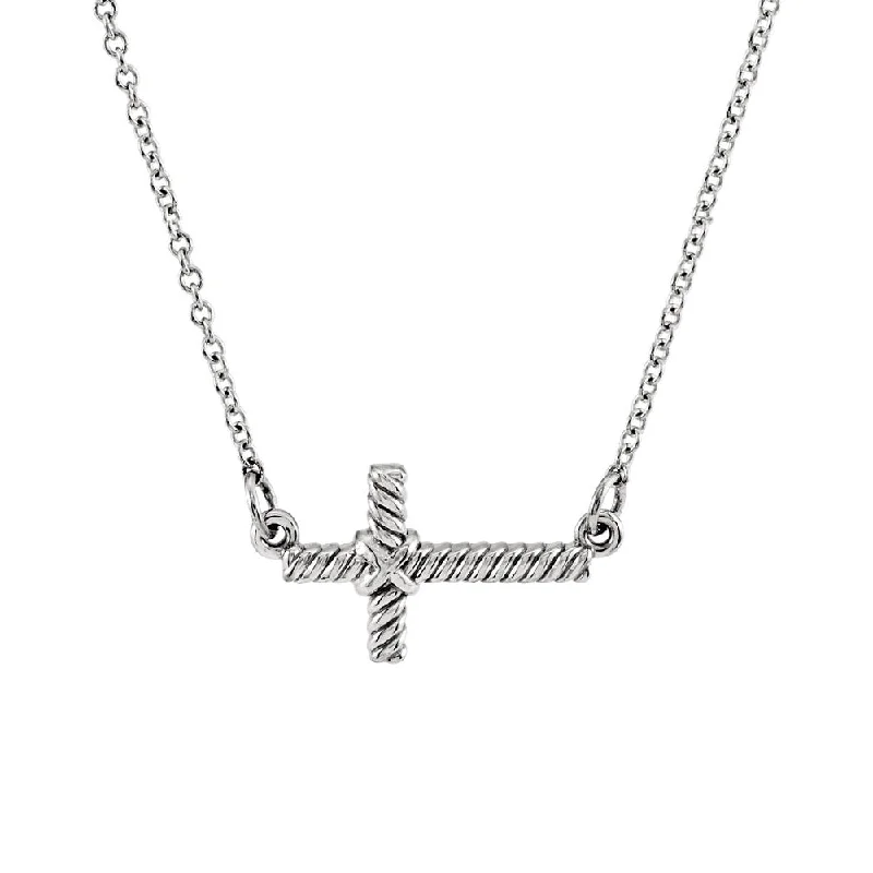 Modern Gemstone Necklace for Every Day-16mm Sideways Rope Cross Necklace in 14k White Gold, 16.5 Inch