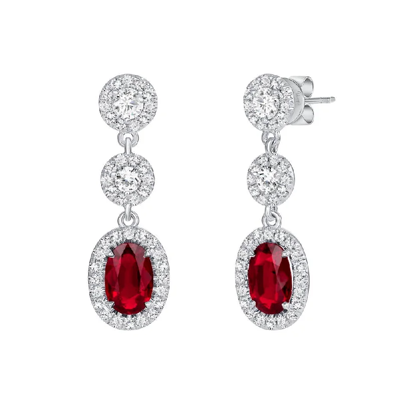 Elegant Gold Earrings for Brides-Uneek Precious Collection Halo Oval Shaped Ruby Dangle Earrings