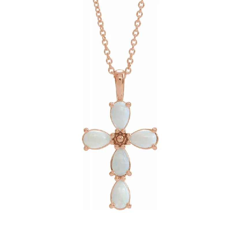 Long Pendant Necklace-14K White, Yellow, or Rose Gold, White Opal Cross Necklace, 16-18 Inch