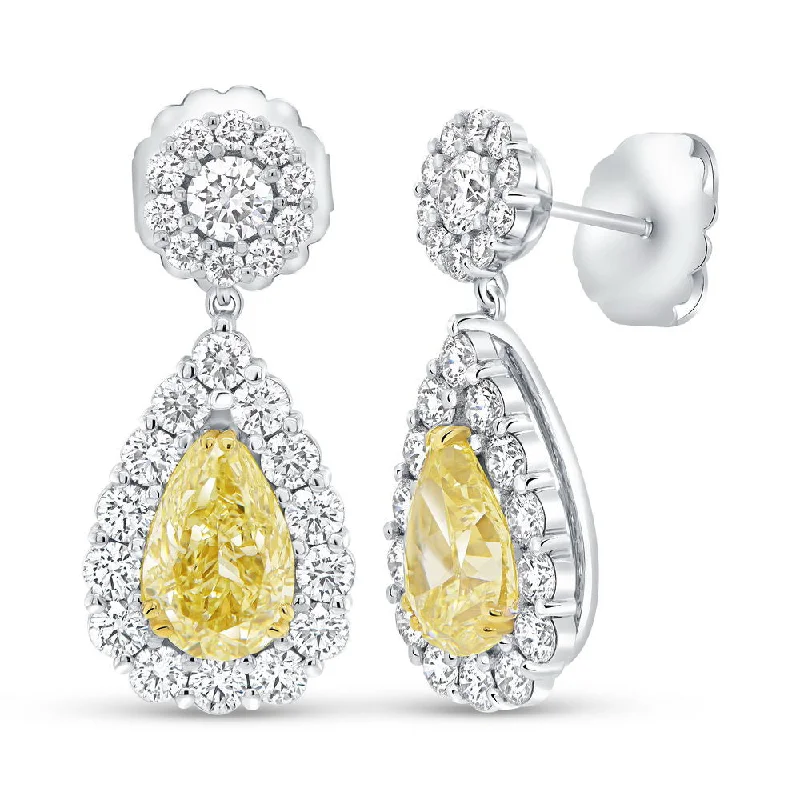 Beautiful Drop Earrings for Evening Style-Uneek Natureal Collection Halo Pear Shaped Yellow Diamond Dangle Earrings