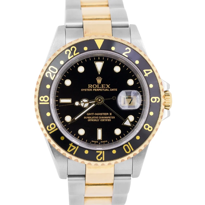 Classic Stainless Steel Watches for Businessmen-UNPOLISHED Rolex GMT-Master II NO-HOLES Black PAPERS 18K Gold 40mm 16713 BOX