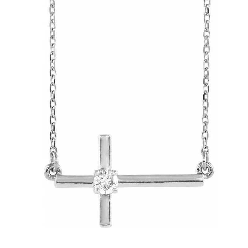 Sapphire Necklace for Special Events-14K White Gold & Diamond Sideways Cross Necklace, 16-18 Inch