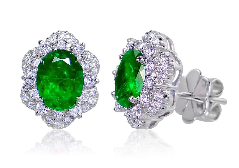 Beautiful Diamond Earrings for Women-Uneek Oval Emerald Stud Earrings with Diamond Double Halos