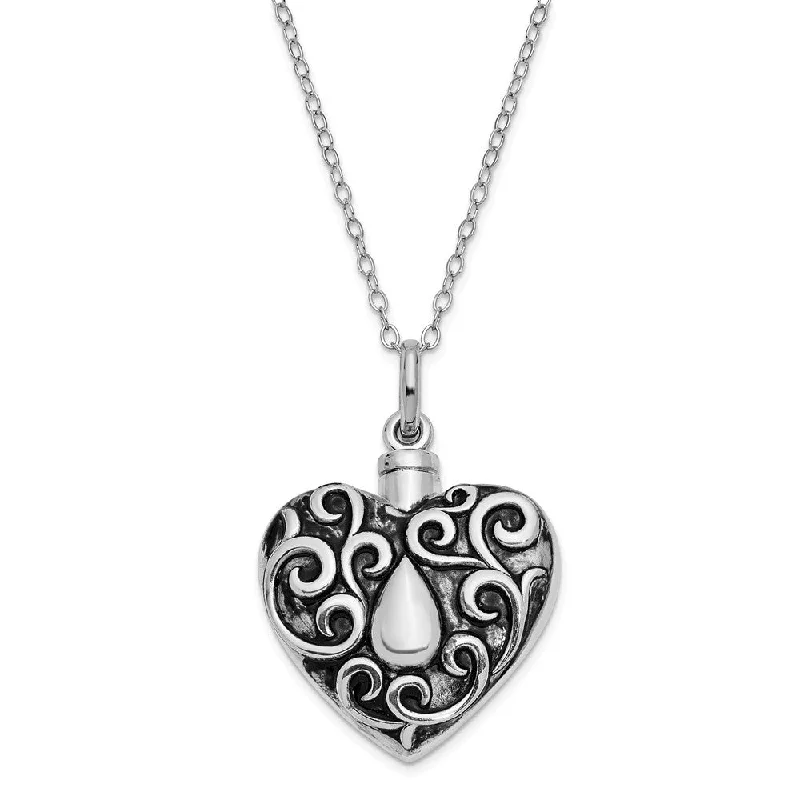 Elegant Statement Necklace for Parties-Sterling Silver Antiqued Grieving Heart Ash Holder Necklace, 18 Inch