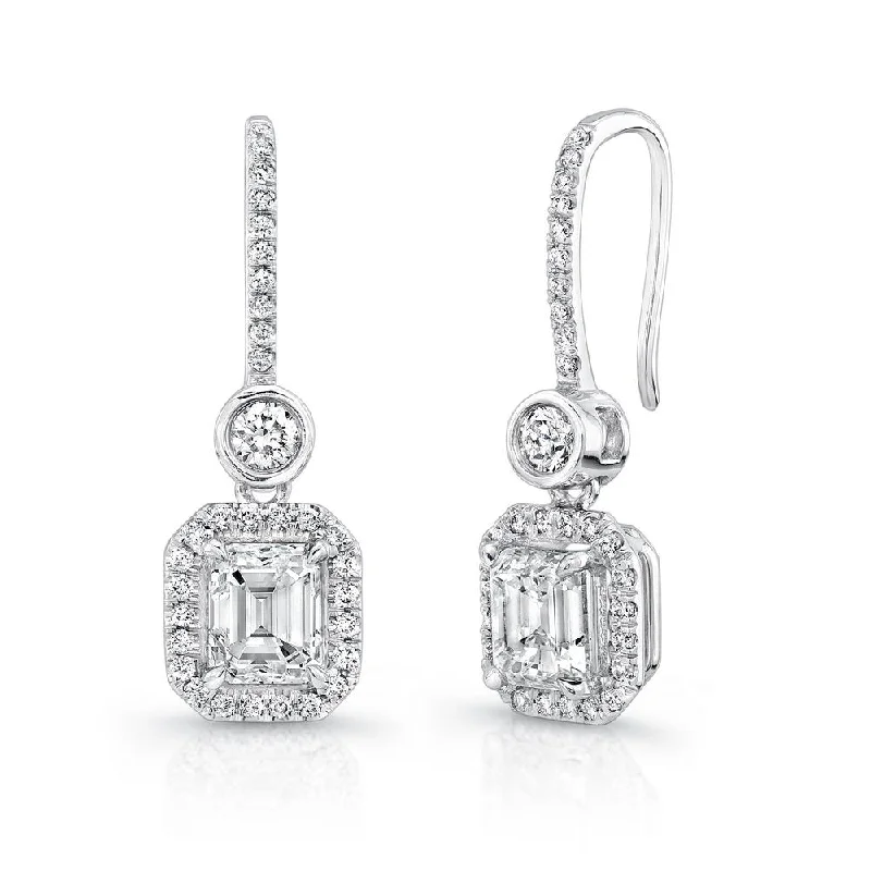 Creative Earrings for Trendy Looks-Uneek Emerald-Cut Diamond Drop Earrings with Bezel-Set Round Diamonds