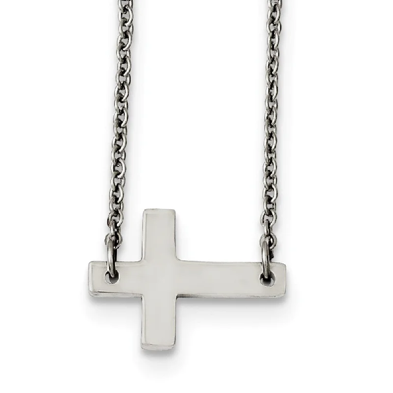 Personalized Jewelry Necklace-Polished Sideways Latin Cross Necklace in Stainless Steel, 16.75 Inch