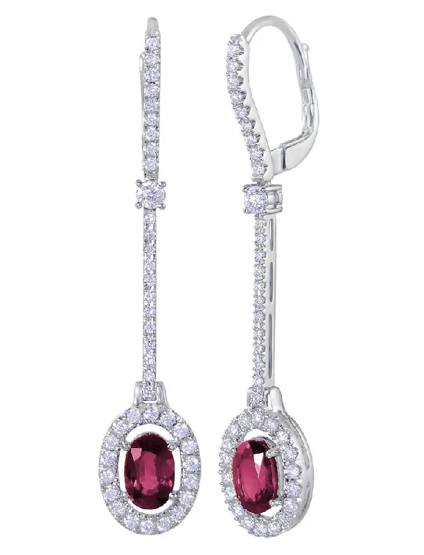 Statement Earrings for Weddings-Uneek Oval Ruby Spoon Dangle Earrings with Pave Diamond Halos