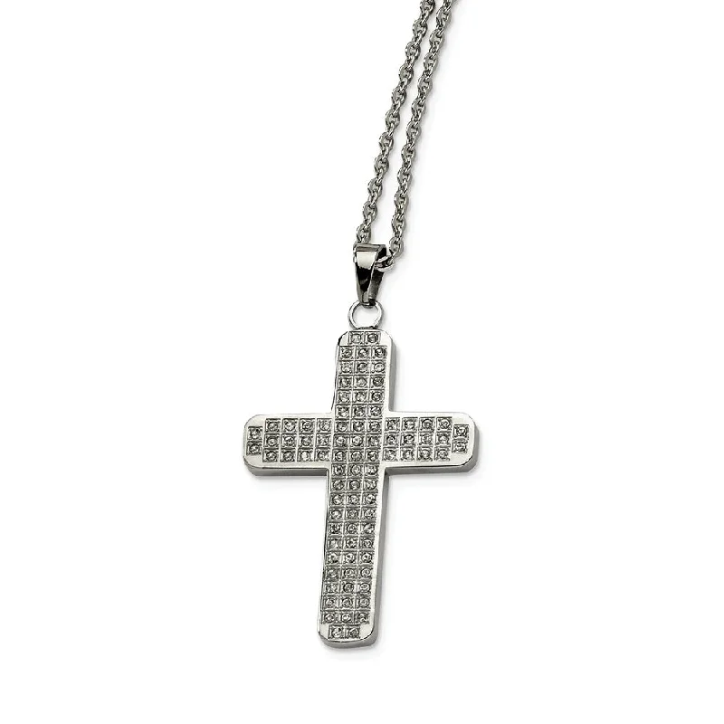 Layered Necklace with Multiple Charms-Stainless Steel Satin and Cubic Zirconia Cross Necklace - 22 Inch