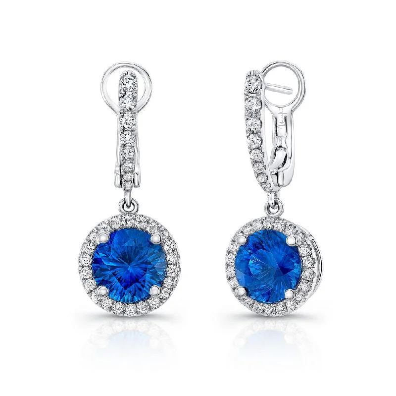 Simple Hoop Earrings for Casual Looks-Uneek Round Blue Sapphire Drop Earrings with Diamond Halo