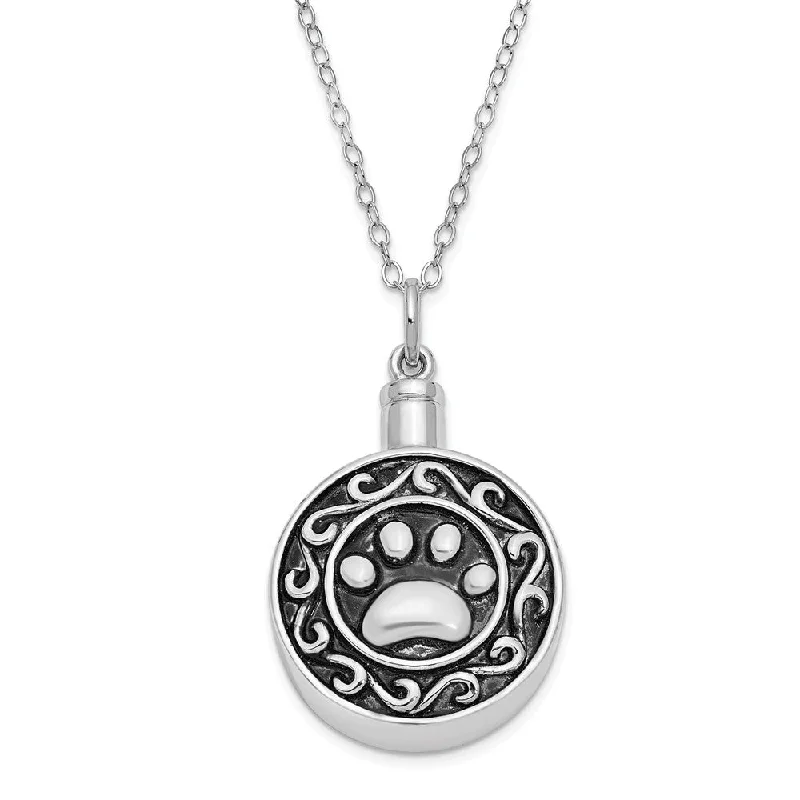 Birthstone Necklace for Family-Rhodium Plated Sterling Silver Paw Print Ash Holder Necklace, 18 Inch