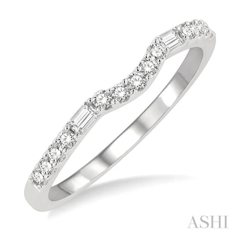 Simple Gemstone Ring for Fashion-1/4 ctw Curved Center Baguette and Round Cut Diamond Wedding Band in 14K White Gold