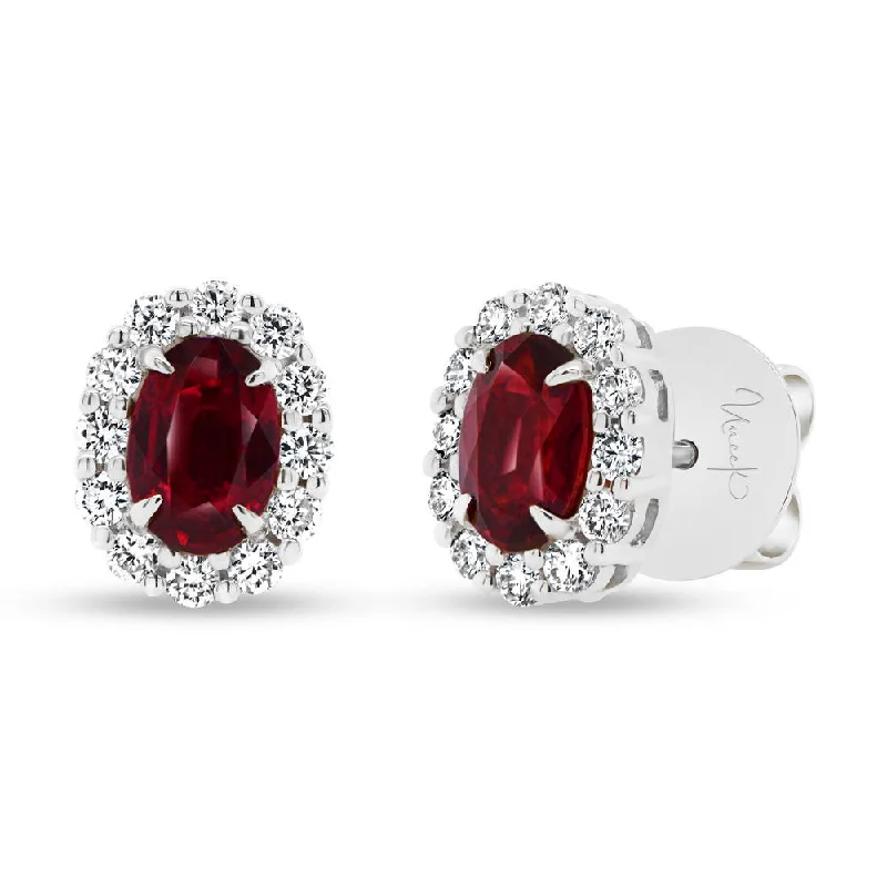 Custom Earrings for Fashion Forward Look-Uneek Precious Collection Halo Oval Shaped Ruby Stud Earrings