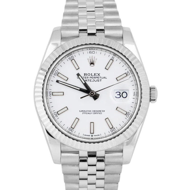 Luxury Watches with Black Dial for Sophisticated Style-Rolex DateJust II WHITE Fluted 18K Gold Stainless Steel JUBILEE 41mm 126334