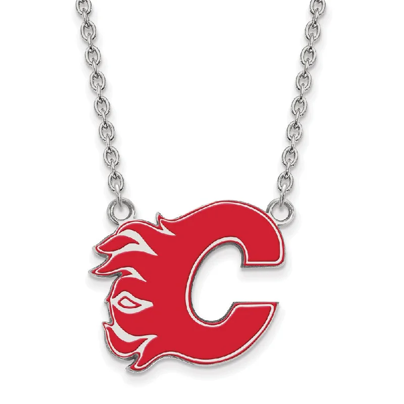 Custom Pendant Necklace for Personal Style-Sterling Silver NHL Calgary Flames LG Enamel Necklace, 18 In