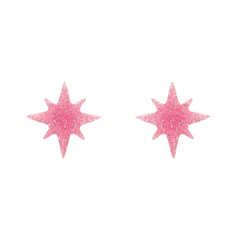 Sterling Silver Hoop Earrings-Erstwilder - Atomic Star Glitter Stud Earrings - Pink