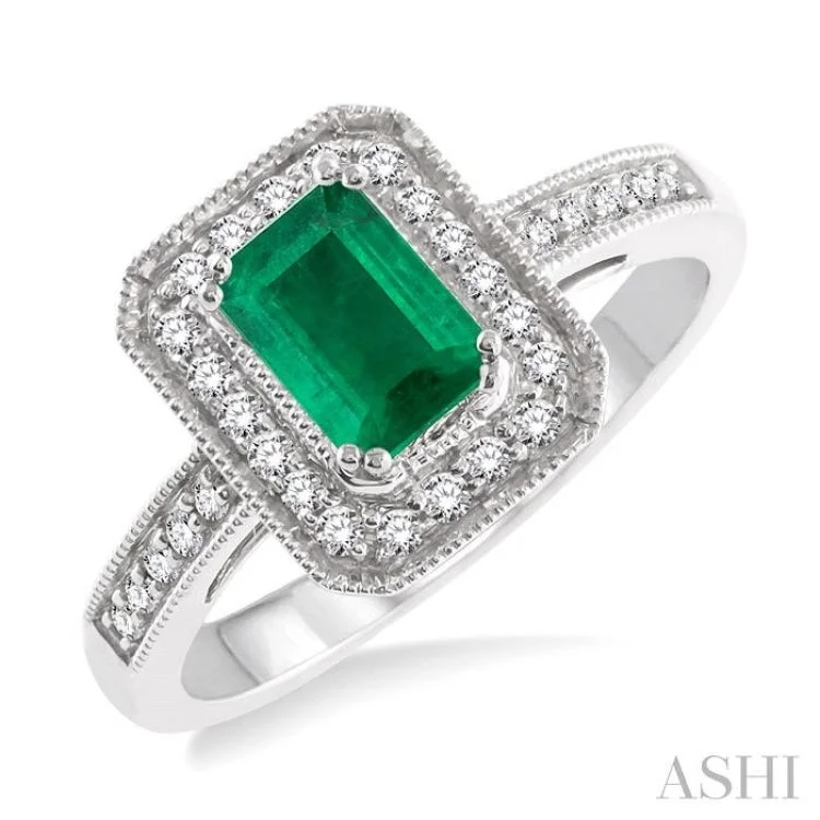 Women’s Wedding Ring with Emerald-6x4 MM Octagon Cut Emerald and 1/4 Ctw Round Cut Diamond Ring in 14K White Gold