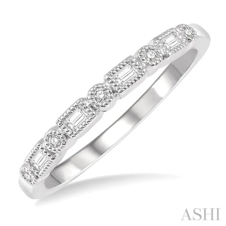 Custom Wedding Band with Initials-1/10 Ctw Lattice Baguette and Round Cut Diamond Stackable Band in 14K White Gold