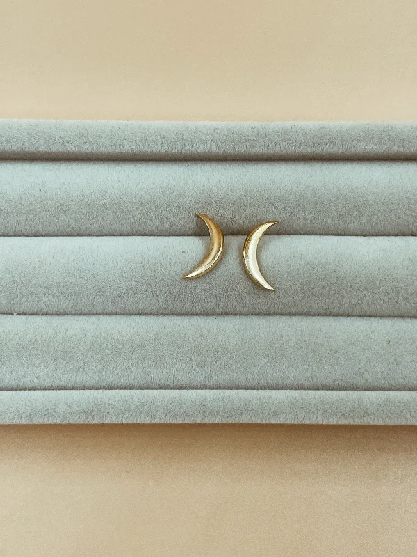 Chic Gemstone Earrings-Medium Crescent Moon Studs in Gold Tone