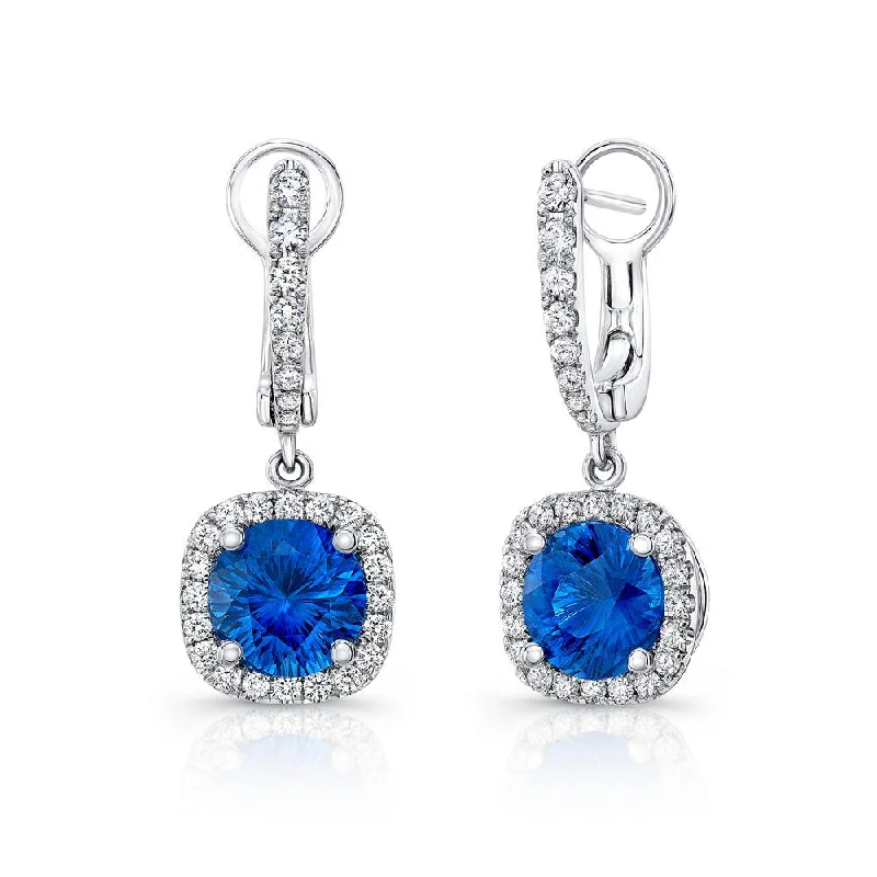 Bridal Gold Earrings for Weddings-Uneek Round Blue Sapphire Drop Earrings with Cushion-Shaped Diamond Halos