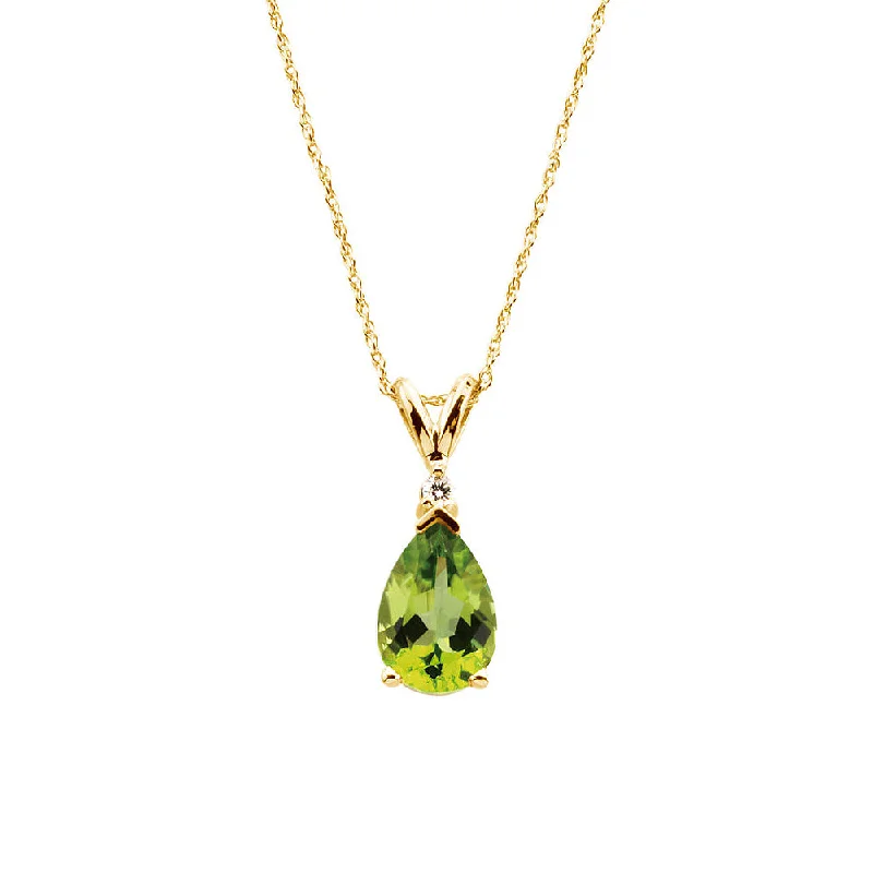 Diamond Necklace for Wedding-Peridot Teardrop & .04 Ct Diamond Necklace in 14k Yellow Gold, 18 Inch