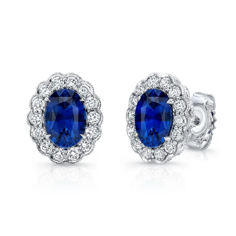 Luxury Gold Earrings for Anniversary-Uneek Oval Blue Sapphire Stud Earrings with Scallop-Style Diamond Halo with Milgrain Edging