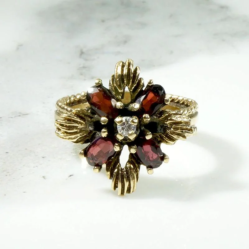 Large Gemstone Ring for Statement-Gold & Garnet Petaled Flower Ring