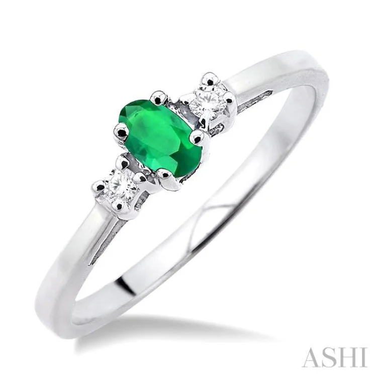 Beautiful Gold Wedding Ring for Her-5x3mm Oval Cut Emerald and 1/20 Ctw Round Cut Diamond Ring in 10K White Gold