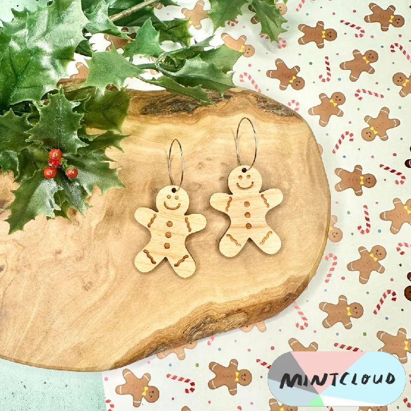 Flower Shaped Earrings-Mintcloud Christmas Earrings - Gingerbread Men Cherrywood Etched Detail