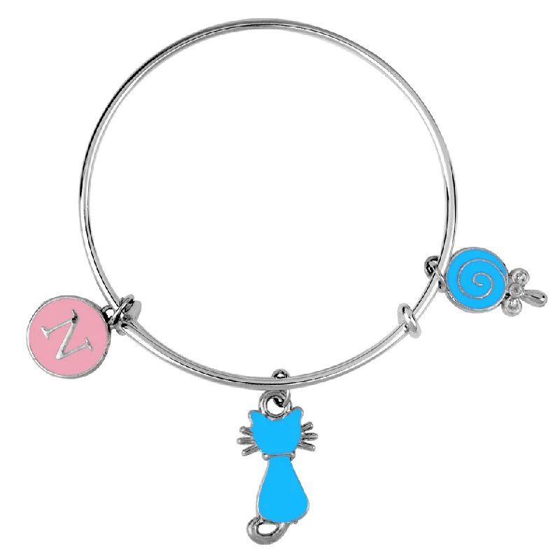 Unique Bangles for Fashion Forward Women-Mahi N Letter & Cat Shaped Rhodium Plated Enamel Work Charms Kids Bracelets for Kids (BRK1100990R)