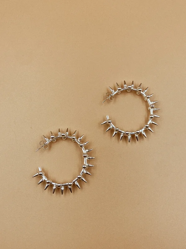 Large Statement Earrings-Big Hanie Spike Hoops in Silver Tone